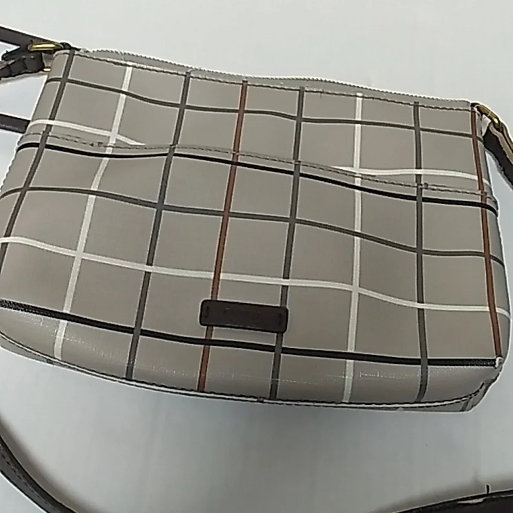 Fossil Gray and Brown Neutral Plaid Zip Top Crossbody Purse Handbag